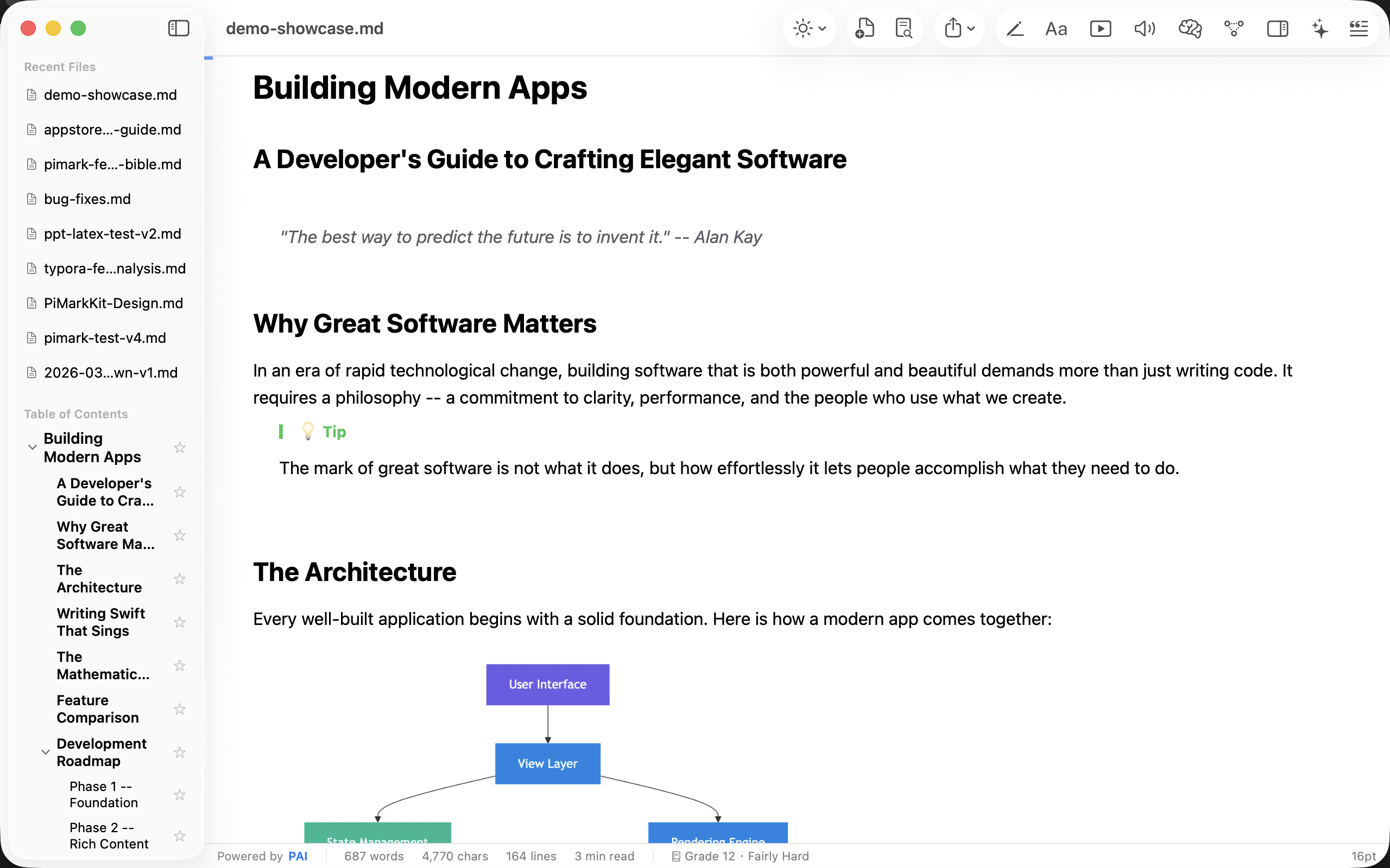 PiMark — beautiful Markdown rendering with TOC, code highlighting, and diagrams